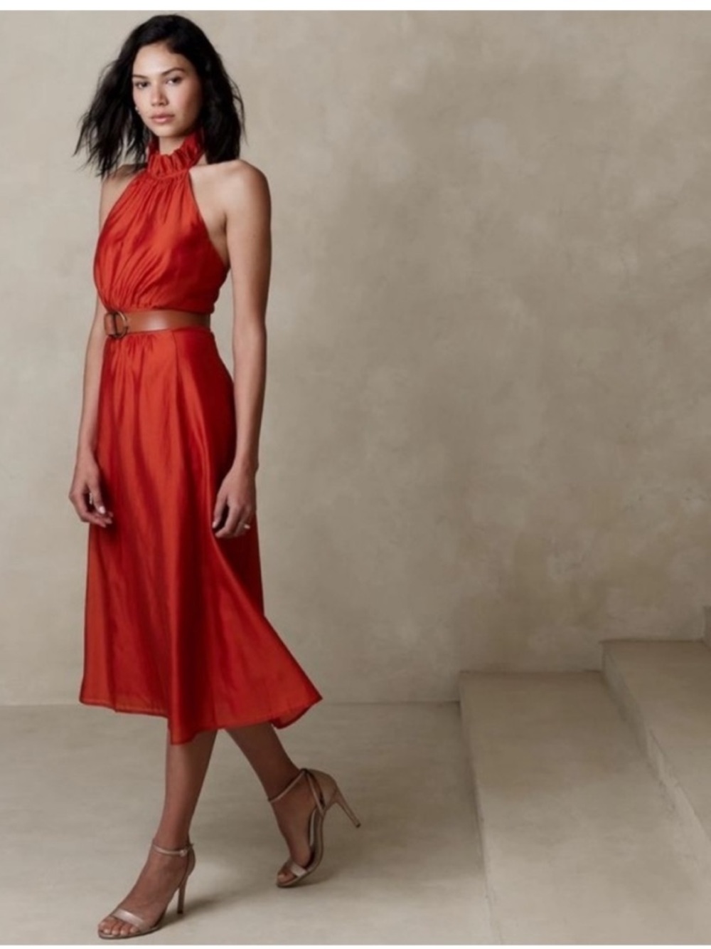 Banana Republic Halter Ruffled Tie Neck Midi Burnt Orange Dress. Size 6.